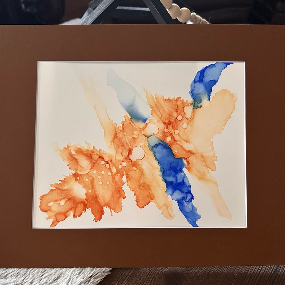 Hand made original blue orange abstract wall decor alcohol ink painting